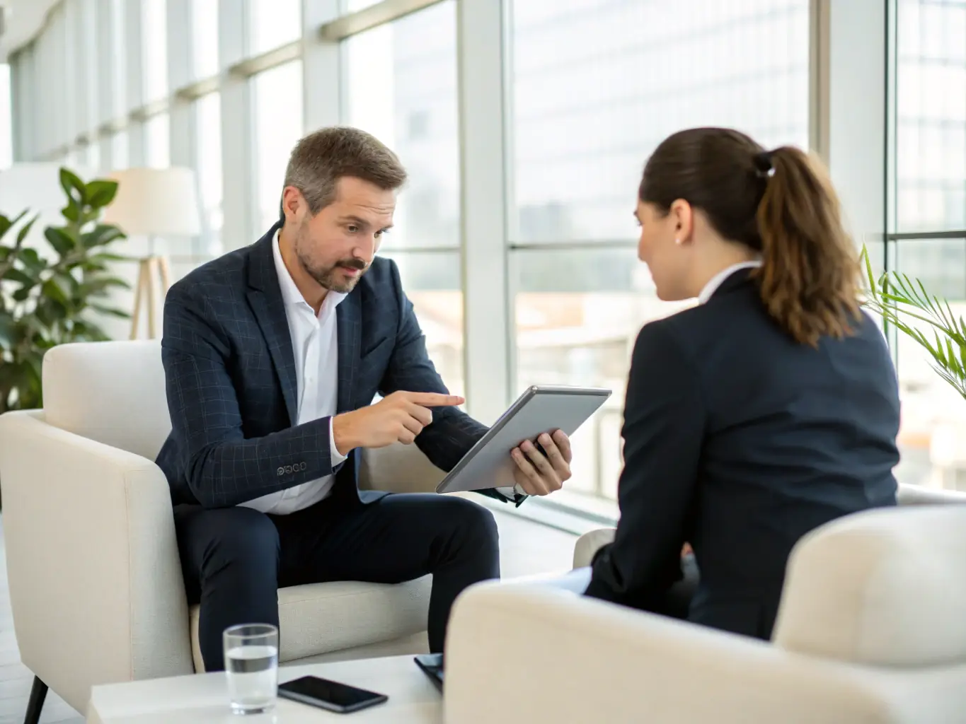 A professional business coach in a modern office setting, guiding a South African executive through a succession planning strategy session, with Johannesburg skyline visible in the background.